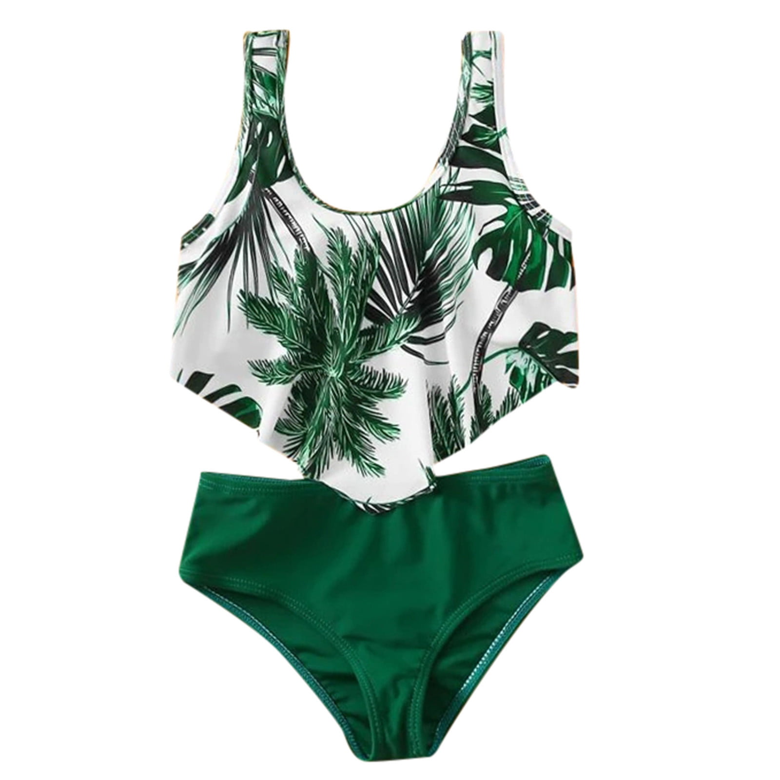 Fesfesfes Teen Girls Swimwear Botanical Print Pattern Patchwork Bathing Suits Sleeveless Swimdress Beach Wear Two Piece Split Swimsuit